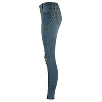 псиакги фармерки за жени модни жени цврст тенок тексас искинат синџир фармерки со голема дупка панталони панталони со молив светло сина + xl