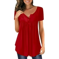 казка плус големина женски моден тркалезен врат цврсто копче плисирано цврсто лабаво секојдневно маица блузи црвена хххл