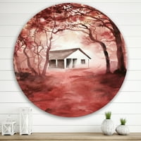 DesignArt 'црвени есенски шуми и куќа во диви' кабина и ложа метална wallидна уметност - диск од 29