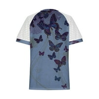 Печатени Блузи со кратки Ракави Слободно Време Летни Врвови На Вратот За Жени Сини Л