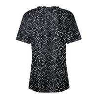 Женски врвови женски летни модни чипка јака со краток ракав печатени врвни комбинезони со џебно црно xxl