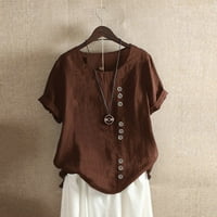 Cuoff Blouses for Women Casual Loose Button Linen Plus Size Daily Boho Tanic T-shirt Womens Tops Brown S