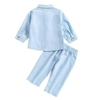 ФОПП Продавач Момци со цврста боја памучна постелнина, панталони со кошули со џеб, поставени панталони со долги ракави со двојно