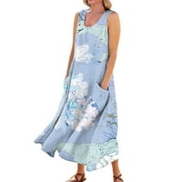 Ballsfhk женски обичен удобно цветно цветно печатење памучен џеб фустан со долги фустани за жени кои се обични